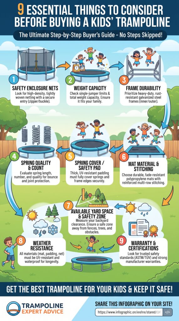 An infographic titled '9 Essential Things to Consider Before Buying a Kids' Trampoline'. It outlines a 9-step guide covering safety enclosure nets, weight capacity, frame durability, spring quality, spring covers/safety pads, mat material and stitching, available yard space, weather resistance, and warranty/certifications.