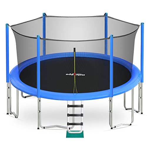 Zupapa 16 15 14 12 10 8FT Kids Trampoline 425LBS Weight Capacity with Enclosure net Non-Slip Ladder Wind Stakes All Accessories Outdoor Backyard Family Trampolines